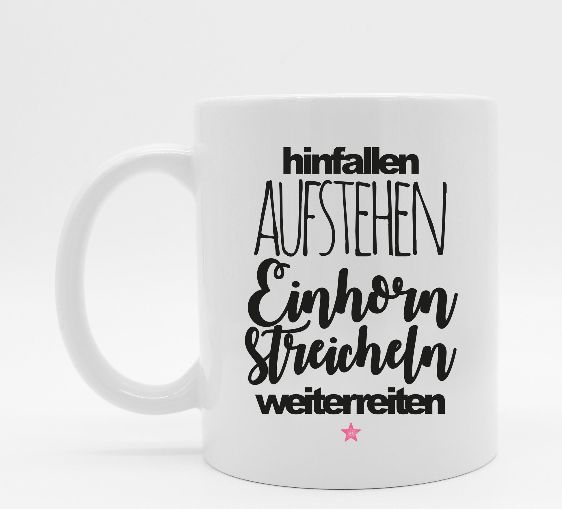 Einhorntasse mit Spruch Einhorn streicheln